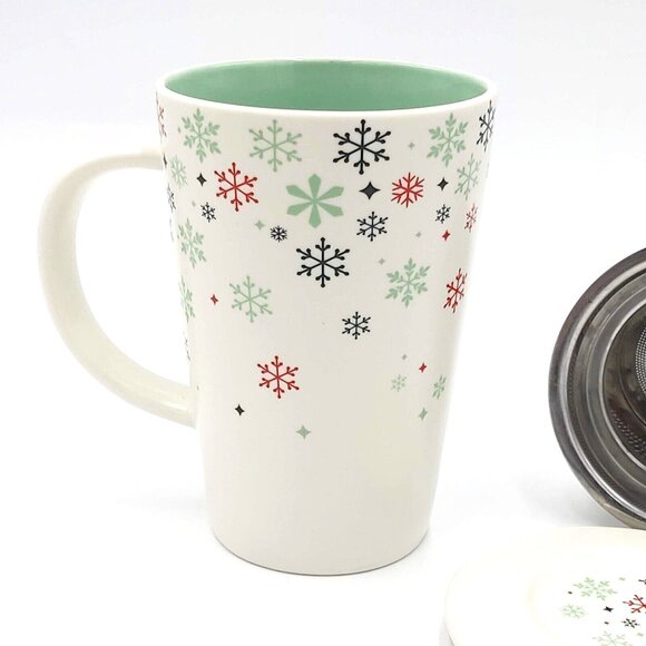 Davids Tea Perfect Mug Snowflakes with Tea Infuser Ceramic Lid Green Inner 12 oz - Picture 5 of 10